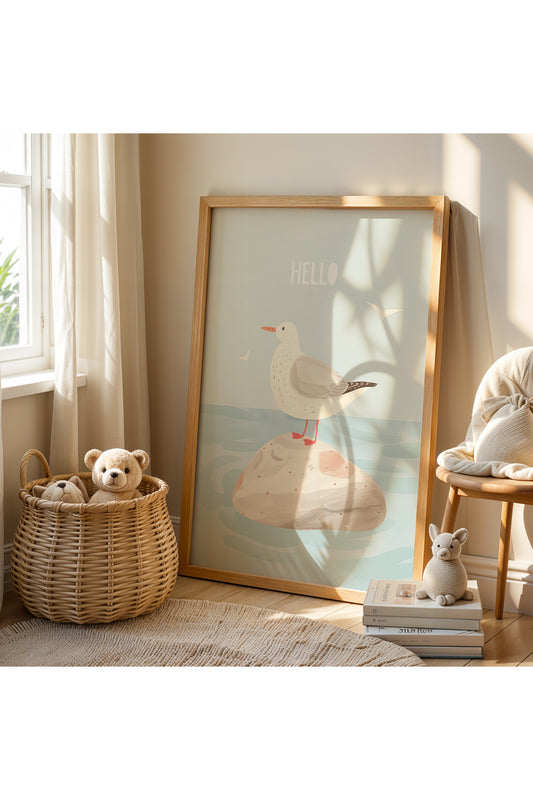 Minimalist Çizim Sevimli Martılar Doğal Ahşap Çerçeveli Çocuk Odası ve Bebek Odası Tablo Seti