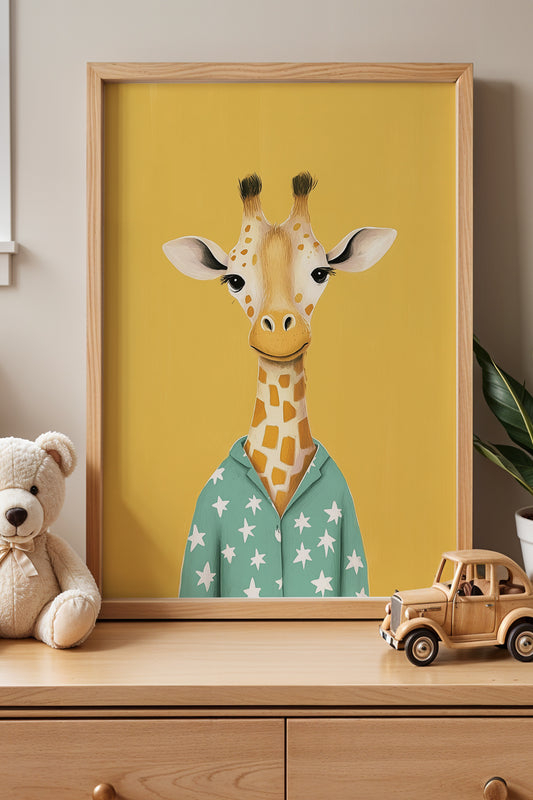 2'li Pijamalı Uykucu Zebra Ve Zürafa Bebek Odası Ve Çocuk Odası Ahşap Çerçeveli Tablo