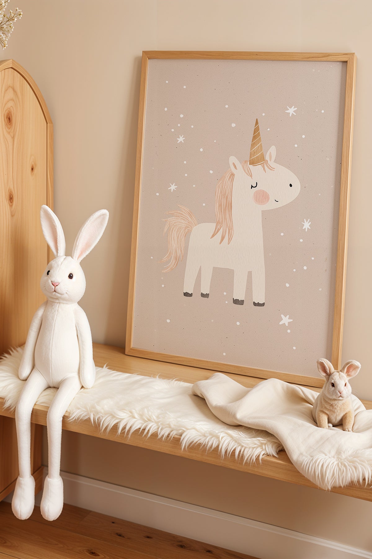 Unicorn ve Şirin Lama Doğal Ahşap Çerçeveli Çocuk Odası ve Bebek Odası Tablosu