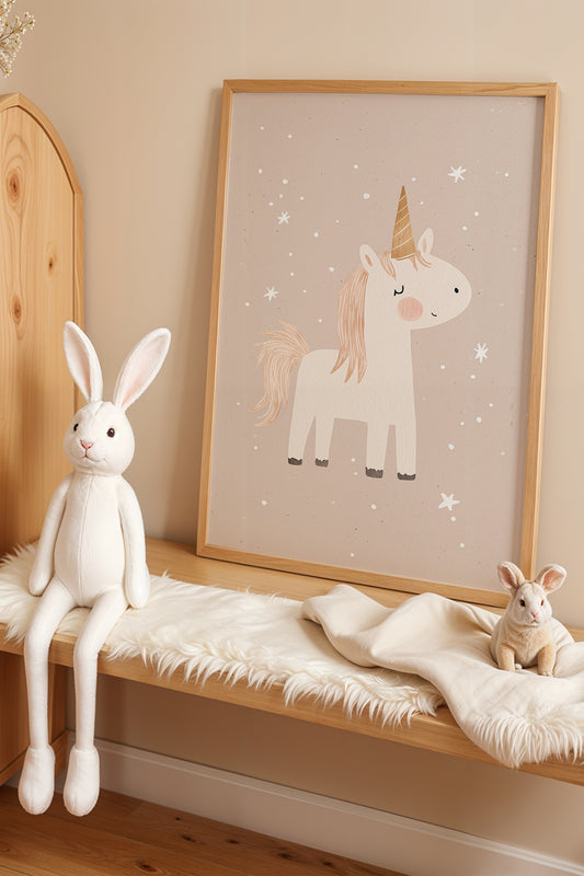 Unicorn ve Şirin Lama Doğal Ahşap Çerçeveli Çocuk Odası ve Bebek Odası Tablosu