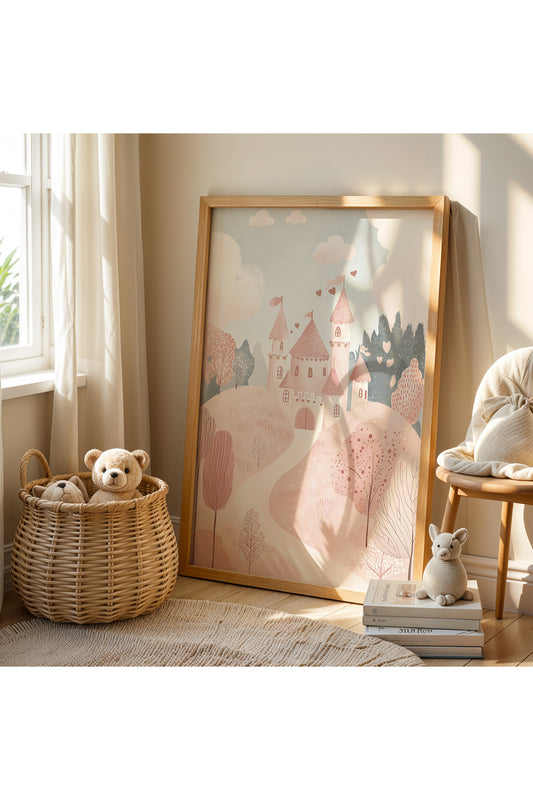 Pembe Unicorn Ve Masalsı Şato Doğal Ahşap Çerçeveli Çocuk Odası ve Bebek Odası Tablosu
