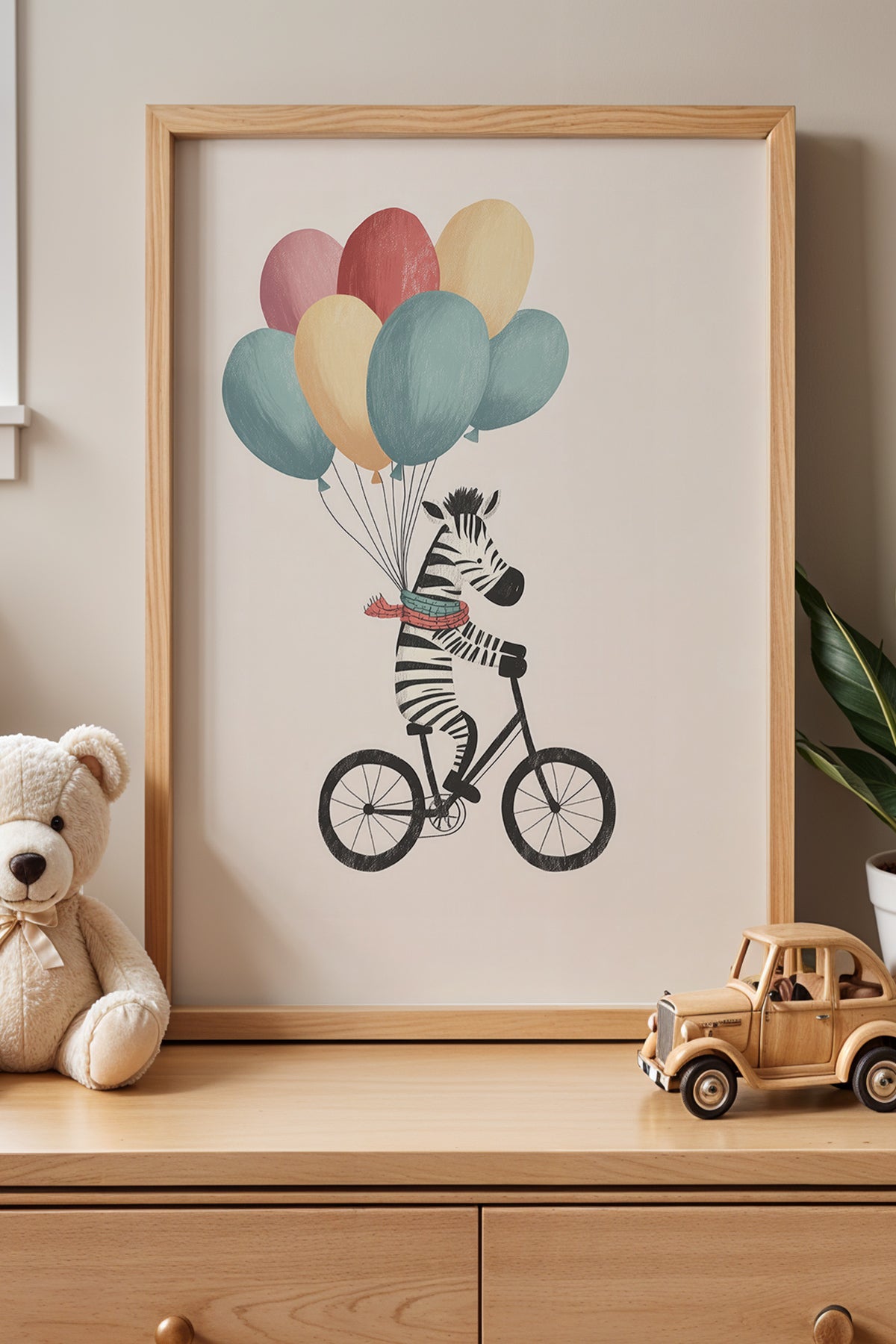 Bisiklet Süren Zebra Ve Baloncuklar Çocuk Odası Ve Bebek Odası Ahşap Çerçeveli Tablo