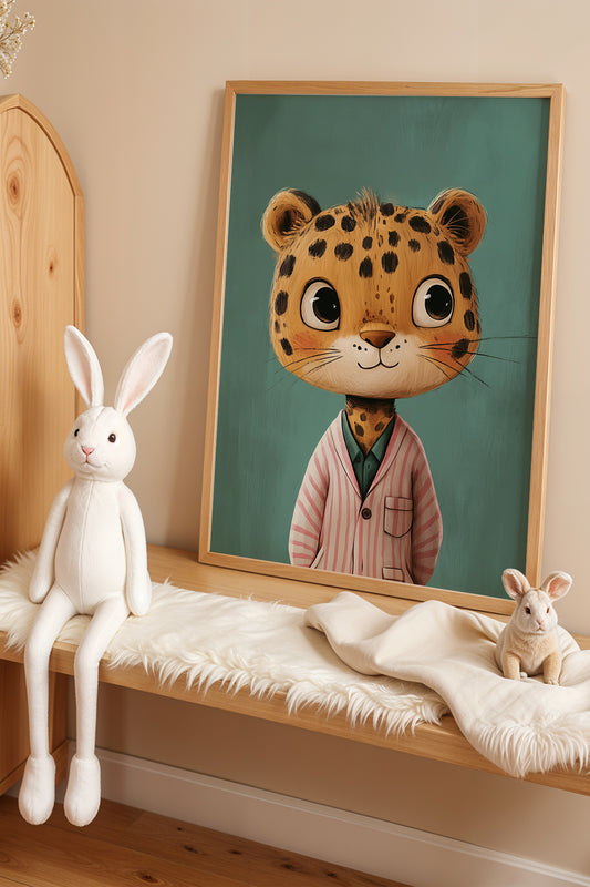 3'lü Sevimli Leopar, Zebra ve Aslan Doğal Ahşap Çerçeveli Çocuk Odası Tablo Seti
