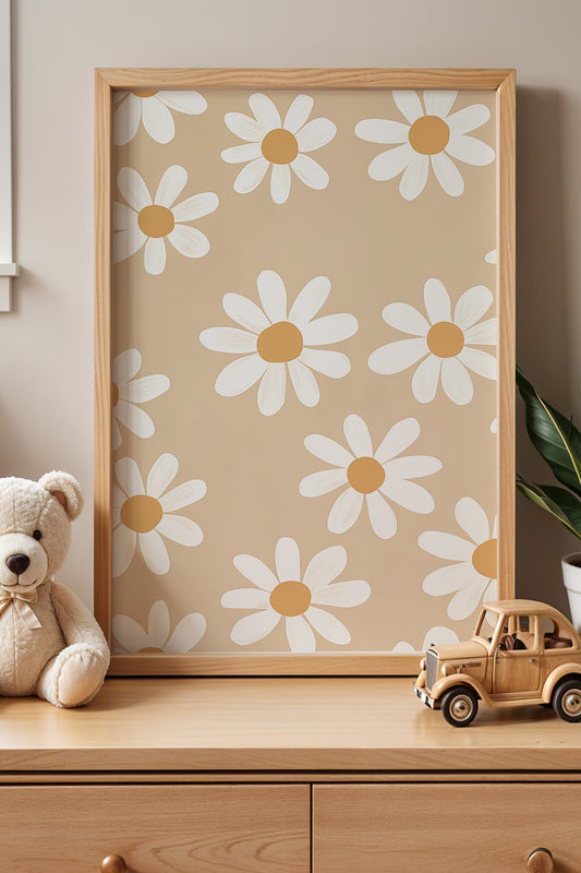 Minimalist Desenli Papatyalar Doğal Ahşap Çerçevesi Çocuk Odası ve Bebek Odası Tablosu