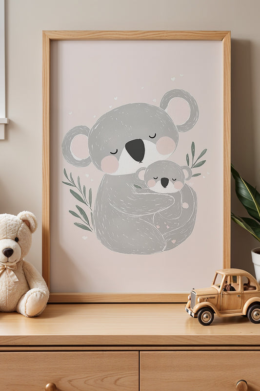 2'li Koala Anne Ve Çocuk Doğal Ahşap Çerçeveli Çocuk Odası ve Bebek Odası Tablosu