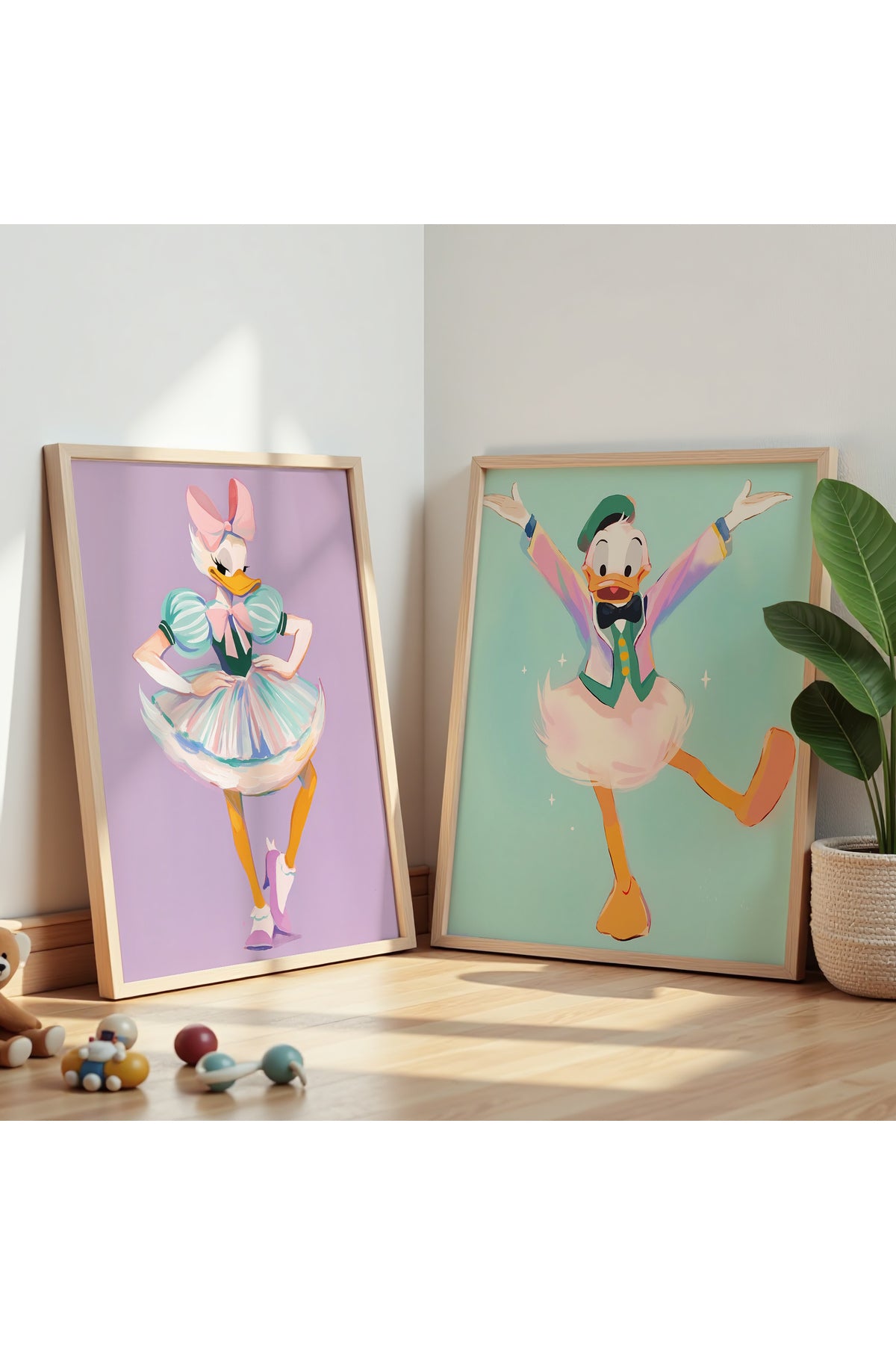 2'Li Donald Duck - Daisy Duck Çocuk Odası Ve Bebek Odası Ahşap Duvar Tablosu