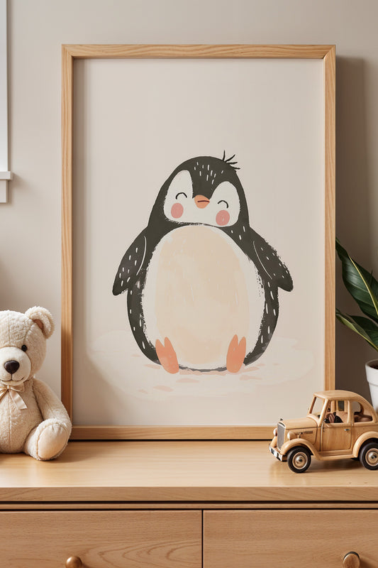 Sevimli Penguen Ve Güneş - Doğal Ahşap Çerçeveli Çocuk Odası ve Bebek Odası Tablosu