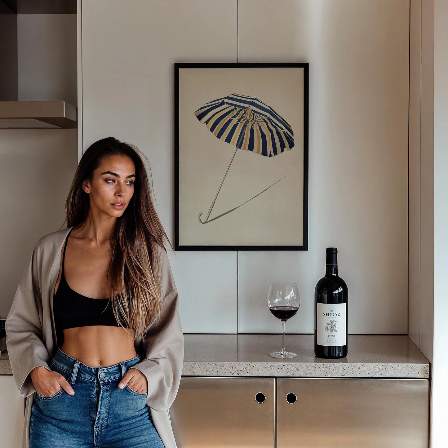 Lacivert Çizgili Şemsiye Minimalist Çizim - Duvar Tablosu