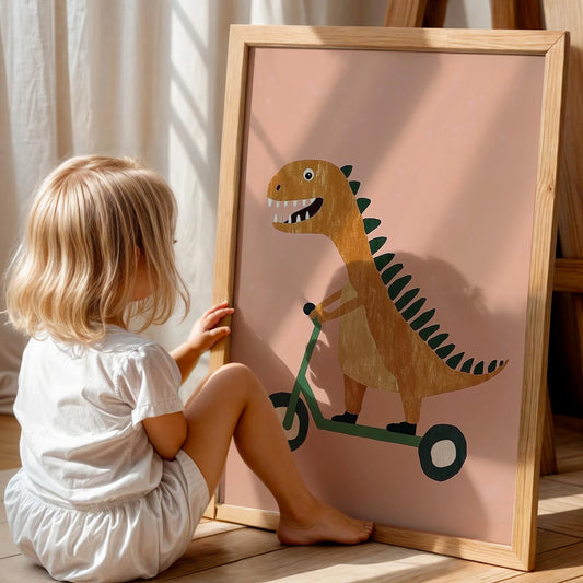 Scooter Süren Dinozor Temalı Pembe Fonlu Çocuk Odası Ahşap Tablo