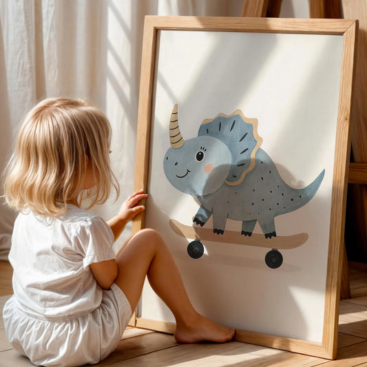 Sevimli Kaykay Süren Dinozor Erkek Çocuk Odası Ahşap Tablo