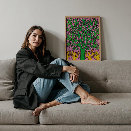Ağaç Altında Figürler - Keith Haring Ahşap Duvar Tablosu