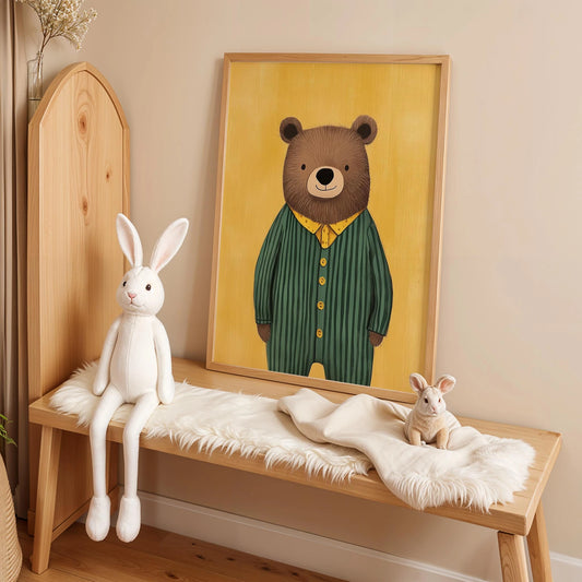 Pijamalı Uykucu Sakin Ayı - Sarı Fon