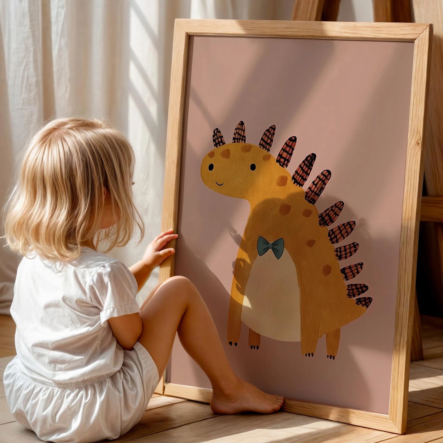 Sevimli Papyonlu Dinozor Temalı Pembe Çocuk Odası Ahşap Tablo