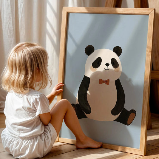 Sevimli Panda Mavi Fonlu Çocuk Odası Ahşap Tablo
