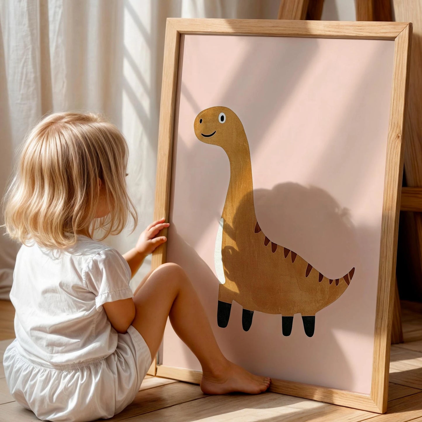 Sevimli Dinozor Temalı Pudra Pembe Fonlu Çocuk Odası Ahşap Tablo