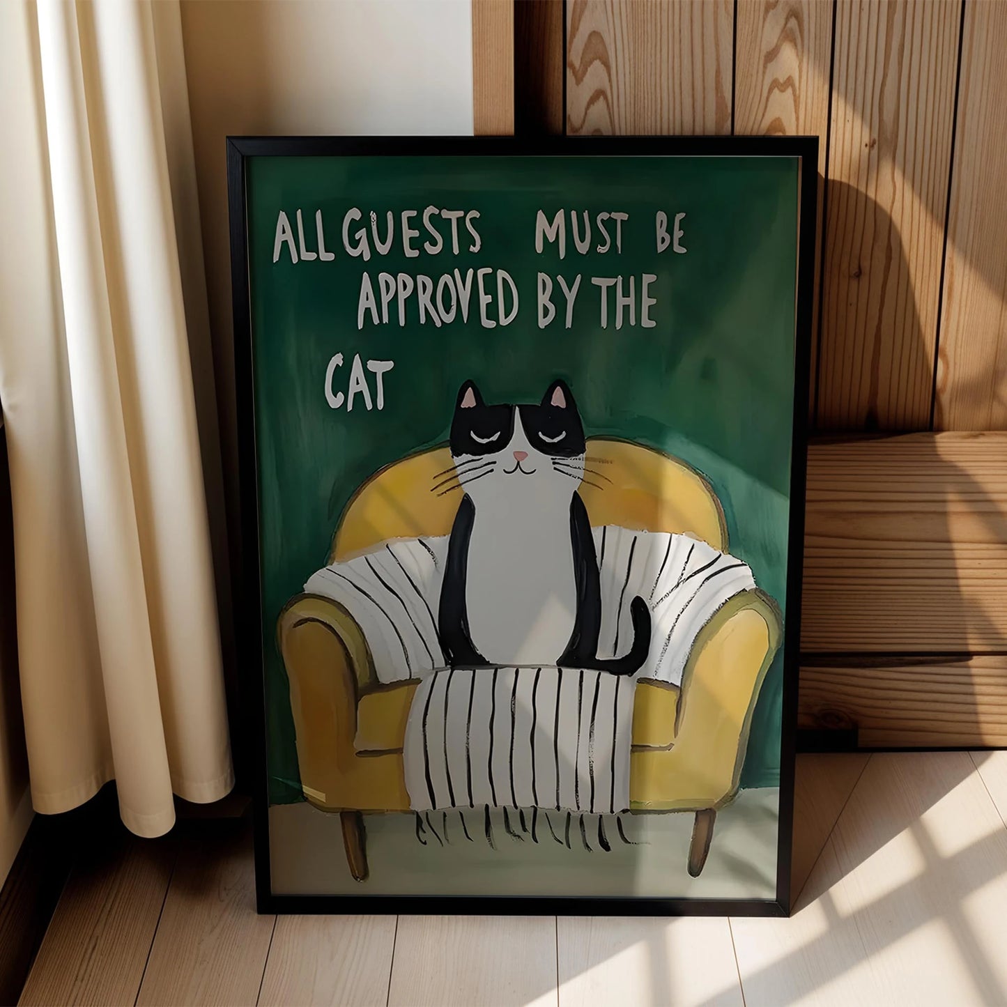Kedi Baskı IV - "All Guests Must Be Approved by the Cat" (Sarı Kanepe)