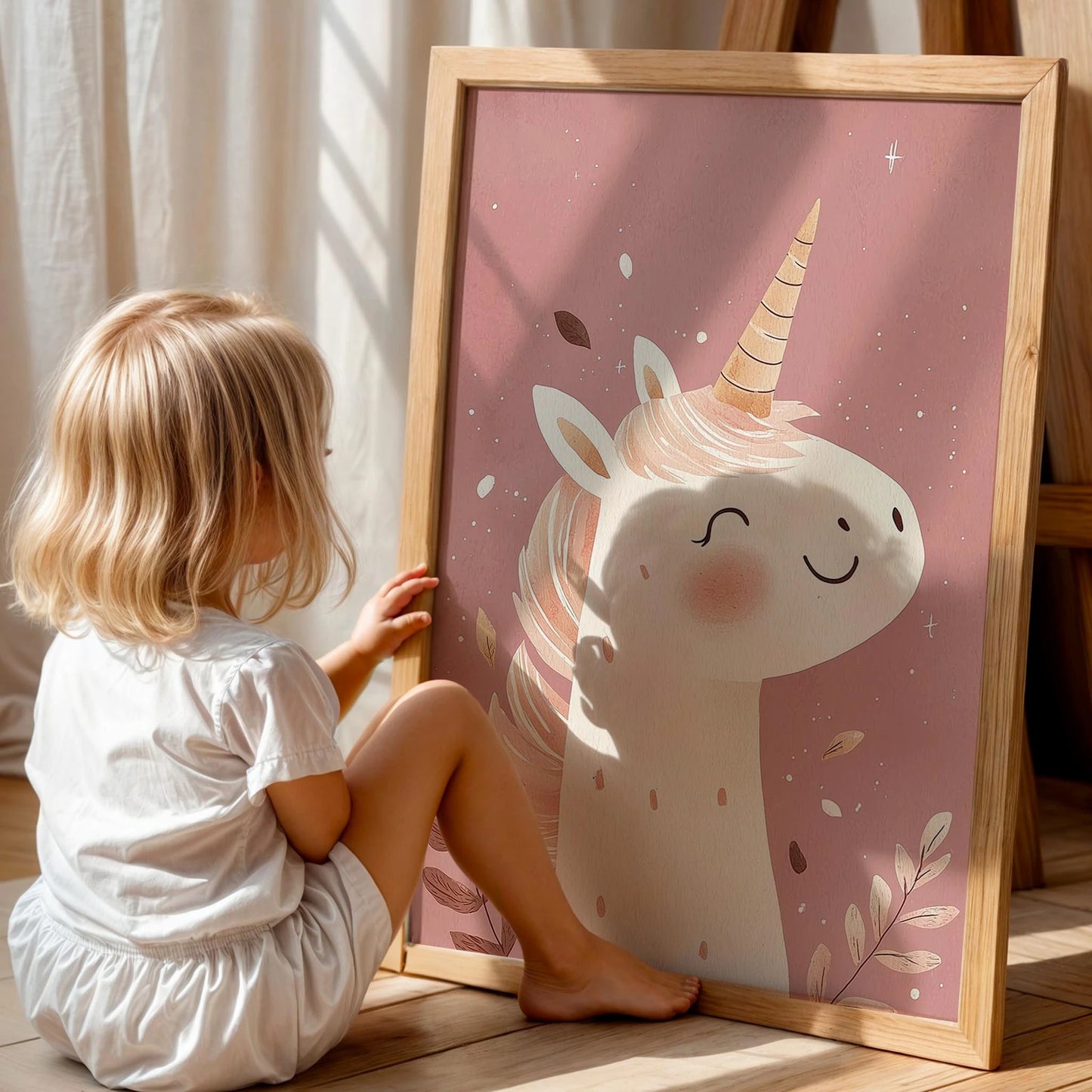 Pembe Arka Fonlu Unicorn Büyüsü – Çocuk Odası Ahşap Tablo
