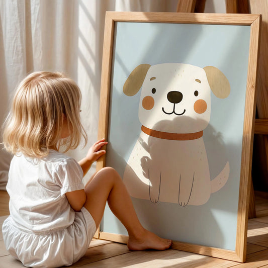 Sevimli Köpek Arkadaşım Mavi Fonlu Erkek Çocuk Odası Ahşap Tablo