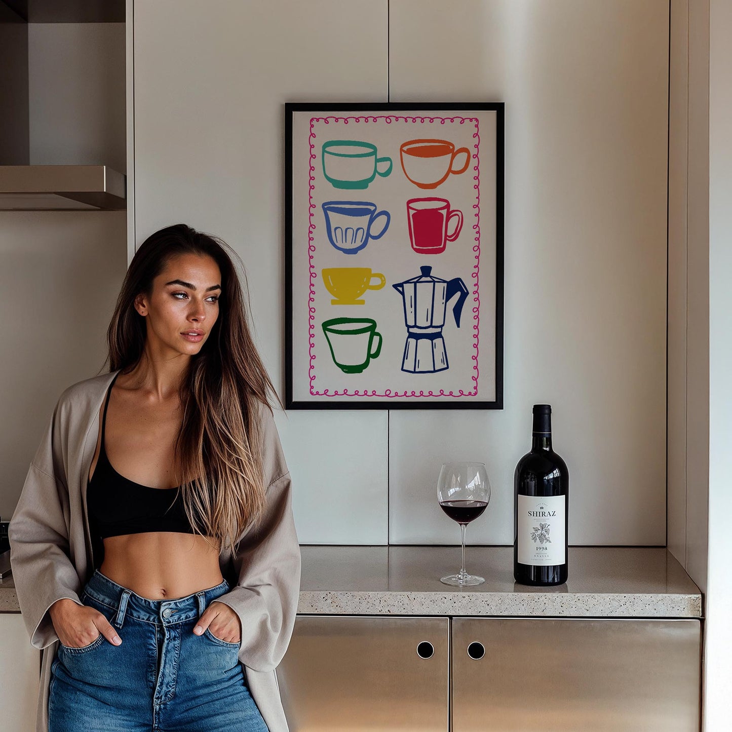 Kahve Kupaları ve Moka Pot Renkli Minimal Çizimler Mutfak Duvar Tablosu