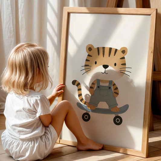 Kaykay Süren Kaplan Minimalist Erkek Çocuk Odası Ahşap Tablo I