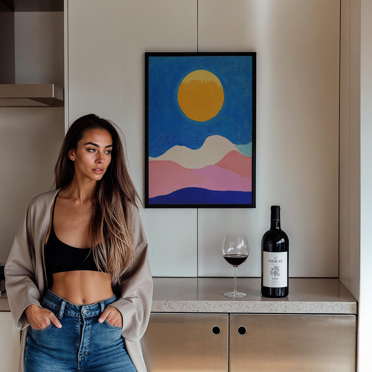 Çöl Güneşi ve Dağ Silueti Minimalist - Duvar Tablosu