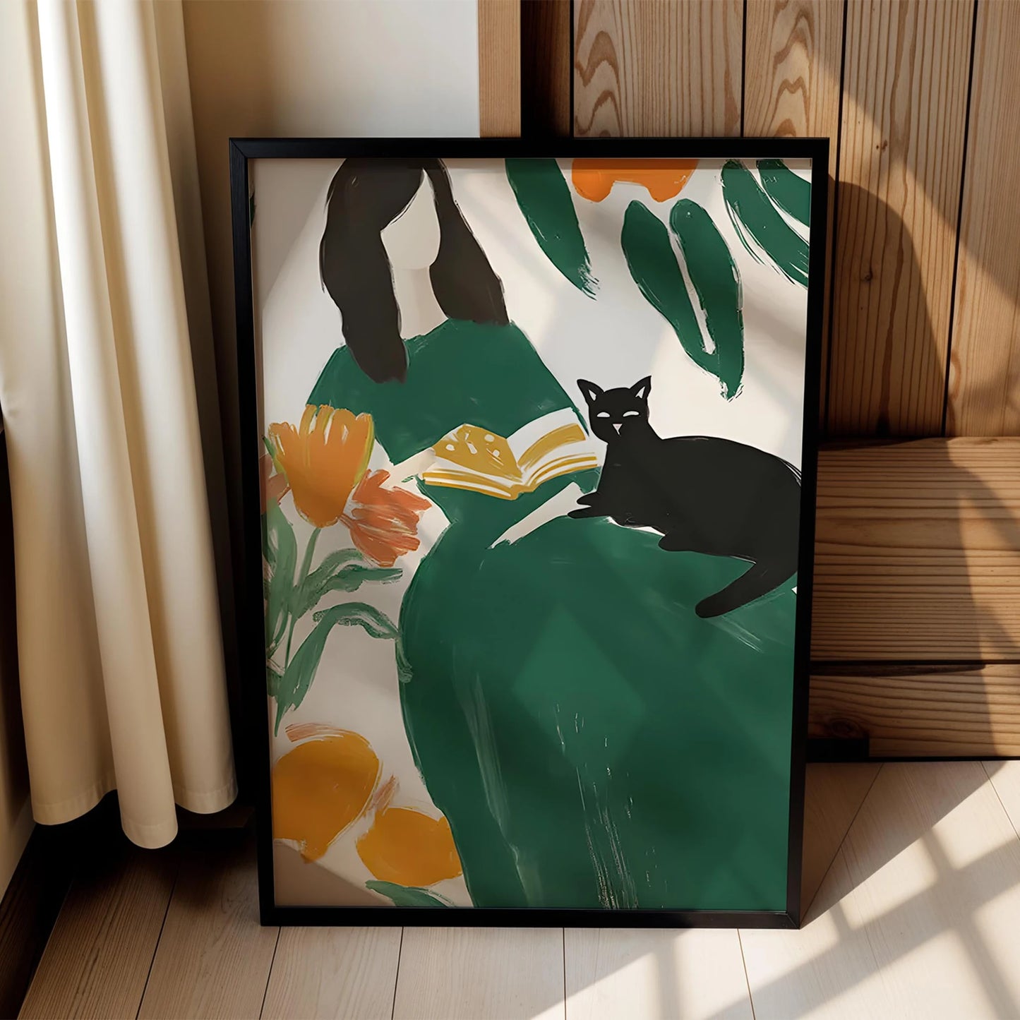 Kara Kedi ve Kitap Okuyan Kadın