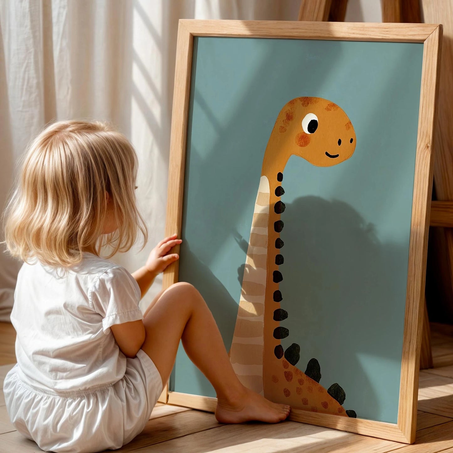 Sevimli Dinozor Temalı Mavi Fonlu Çocuk Odası Ahşap Tablo II