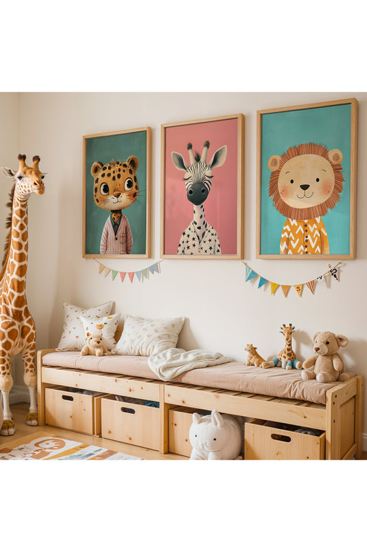 3'lü Sevimli Leopar, Zebra ve Aslan Doğal Ahşap Çerçeveli Çocuk Odası Tablo Seti