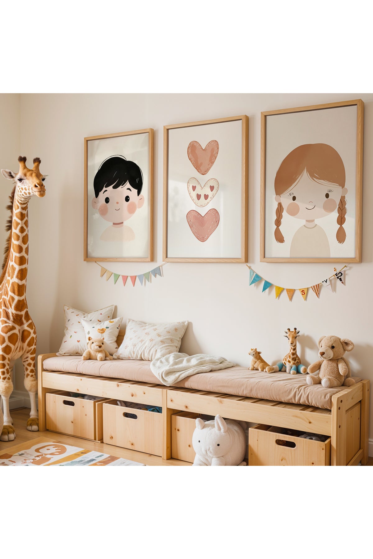 Minimalist Çizim Çocuk Portreleri Doğal Ahşap Çerçeveli Çocuk odası ve Bebek Odası Tablo