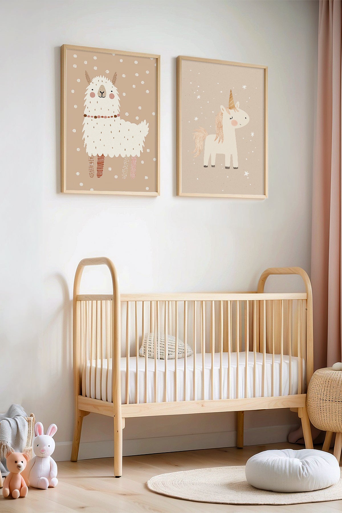 Unicorn ve Şirin Lama Doğal Ahşap Çerçeveli Çocuk Odası ve Bebek Odası Tablosu