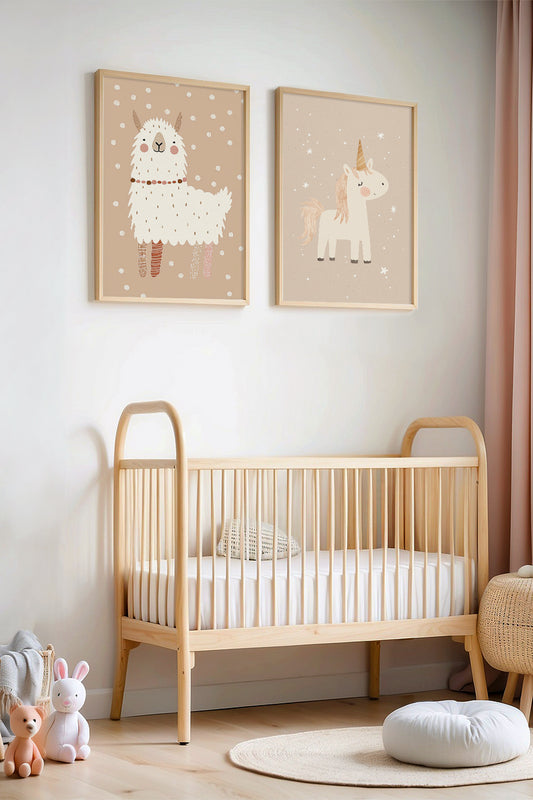 Unicorn ve Şirin Lama Doğal Ahşap Çerçeveli Çocuk Odası ve Bebek Odası Tablosu