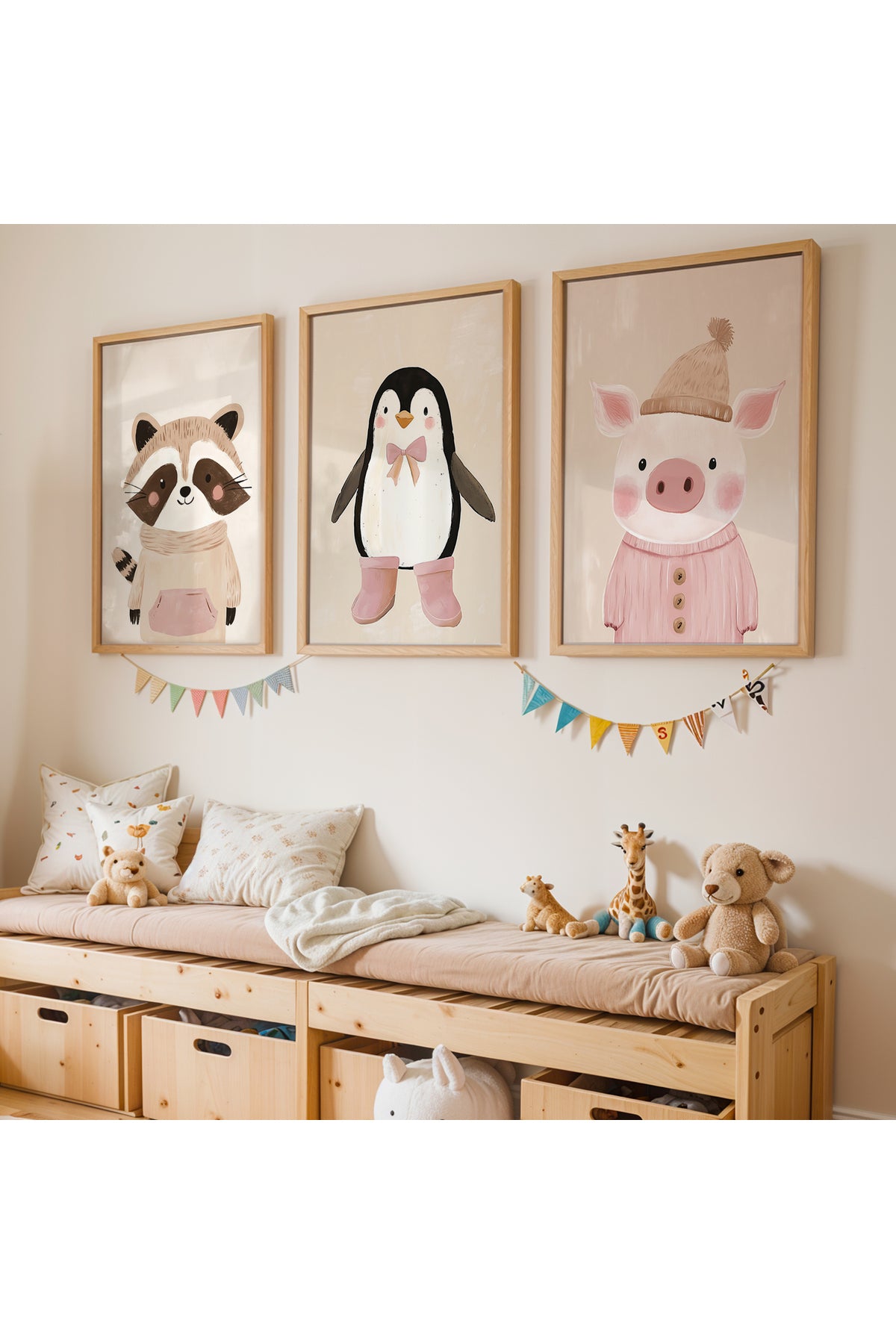 3 Parça Rakun Penguen Domuz Kız Çocuk Odası Ahşap Çerçeveli Tablo Seti