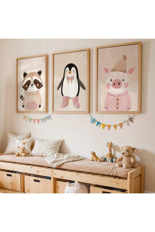 3 Parça Rakun Penguen Domuz Kız Çocuk Odası Ahşap Çerçeveli Tablo Seti