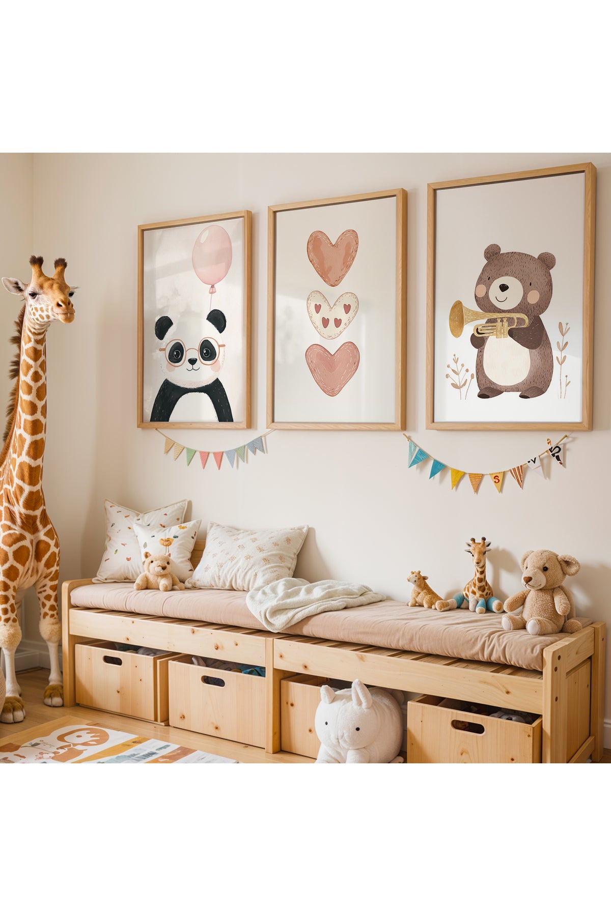 Ayıcık Ve Şirin Panda - Doğal Ahşap Çerçevesi Çocuk Odası ve Bebek Odası Tablosu