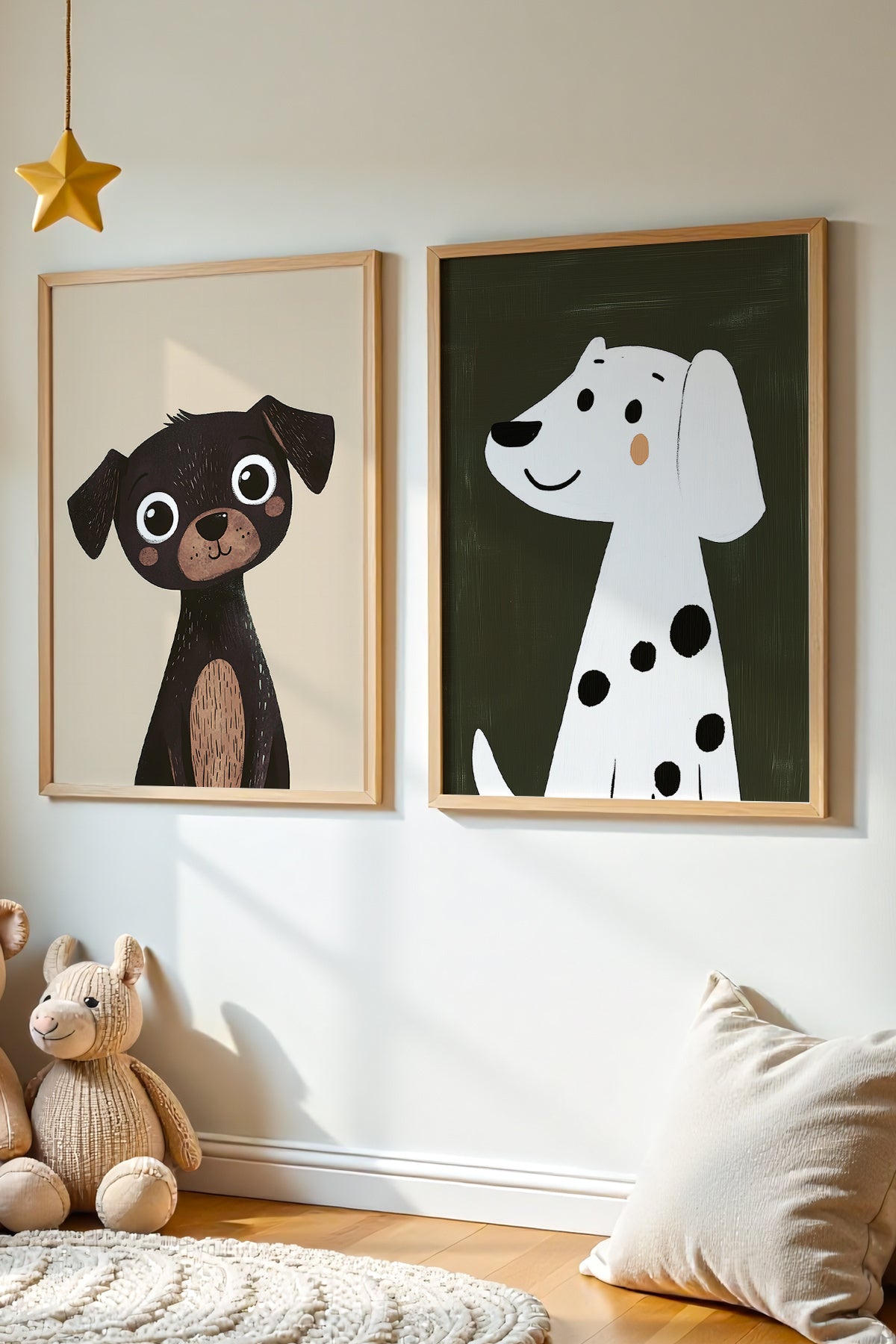 2'Li Sevimli Köpekler - Yağlı Boya Hissi Çocuk Odası Ve Bebek Odası Ahşap Çerçeveli Duvar Tablosu