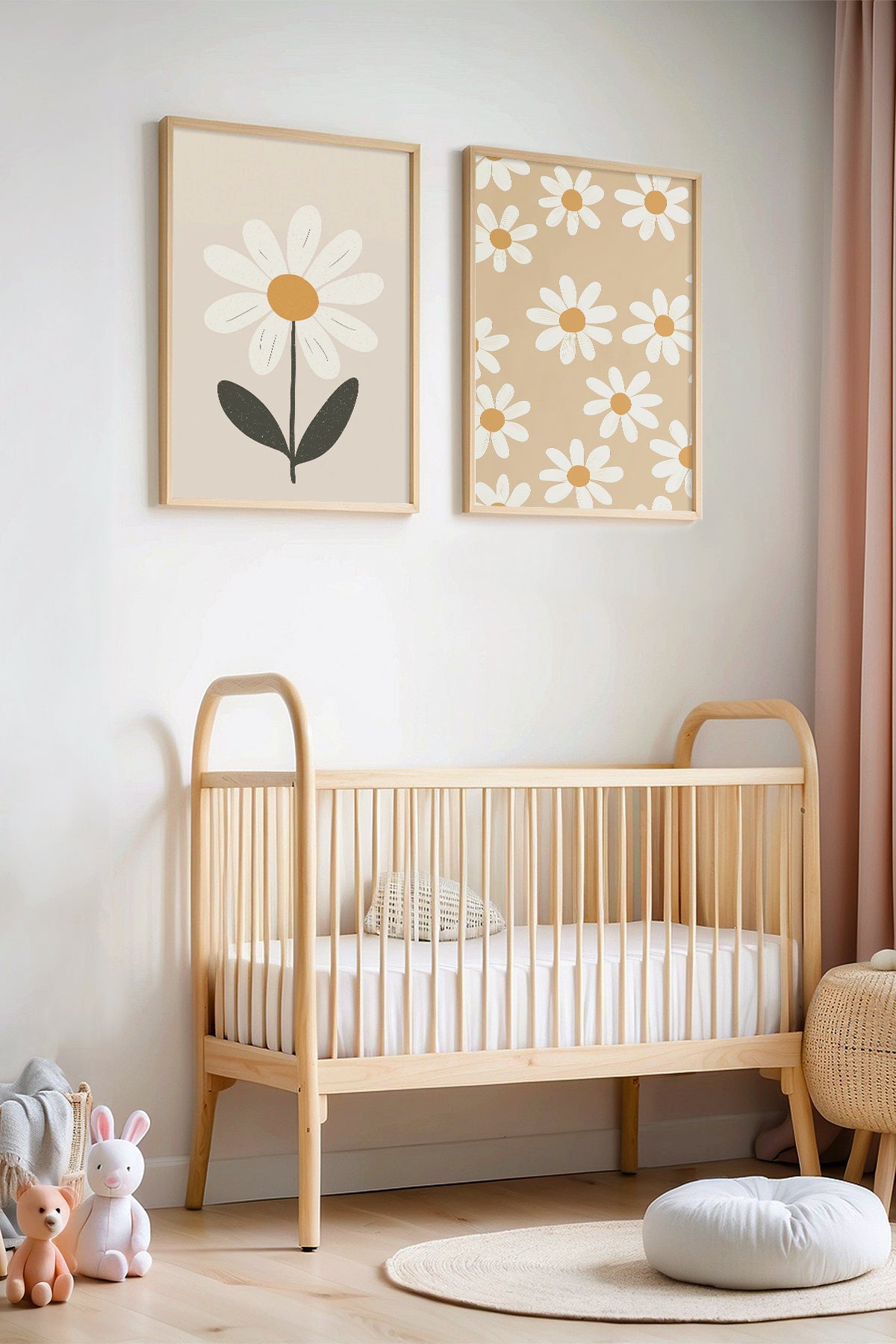 Minimalist Desenli Papatyalar Doğal Ahşap Çerçevesi Çocuk Odası ve Bebek Odası Tablosu