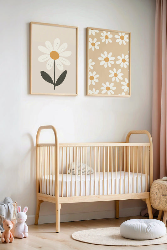 Minimalist Desenli Papatyalar Doğal Ahşap Çerçevesi Çocuk Odası ve Bebek Odası Tablosu