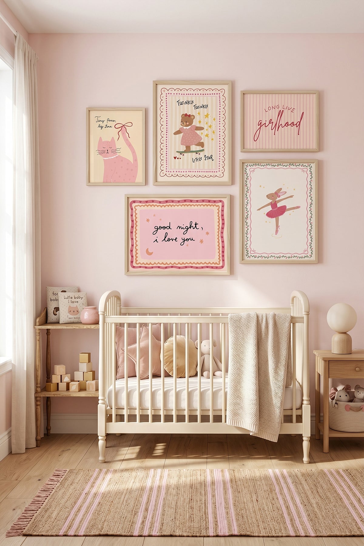 Pembe Balerin Tavşan Ve Tatlı Kedili Kız Bebek Ve Çocuk Odası 5'li Çerçeveli Tablo Seti