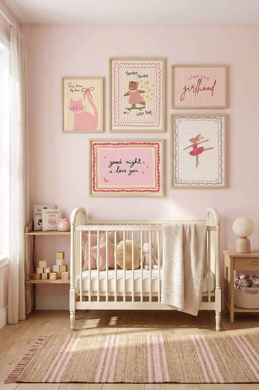 Pembe Balerin Tavşan Ve Tatlı Kedili Kız Bebek Ve Çocuk Odası 5'li Çerçeveli Tablo Seti