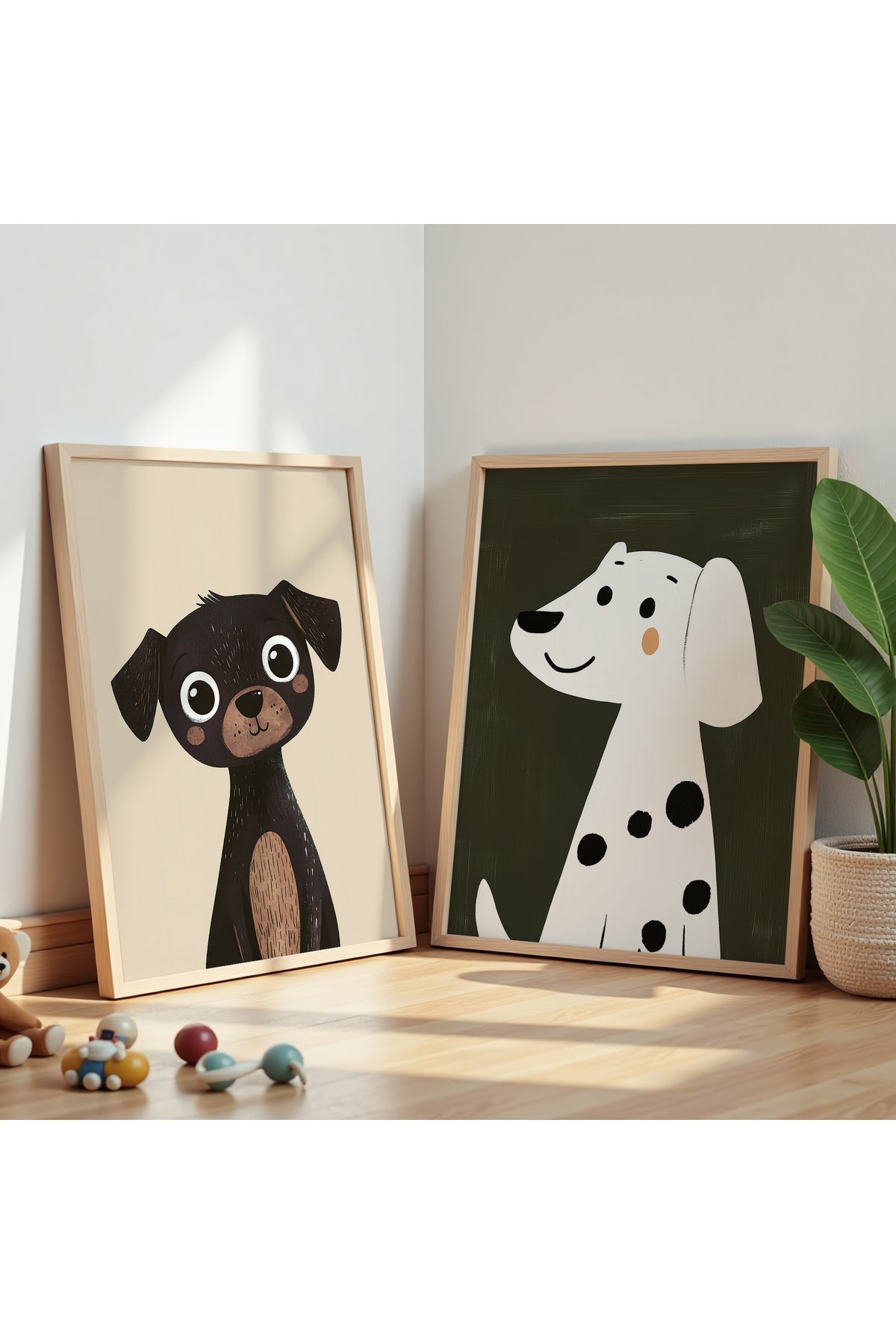 2'Li Sevimli Köpekler - Yağlı Boya Hissi Çocuk Odası Ve Bebek Odası Ahşap Çerçeveli Duvar Tablosu