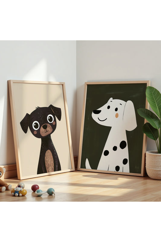 2'Li Sevimli Köpekler - Yağlı Boya Hissi Çocuk Odası Ve Bebek Odası Ahşap Çerçeveli Duvar Tablosu