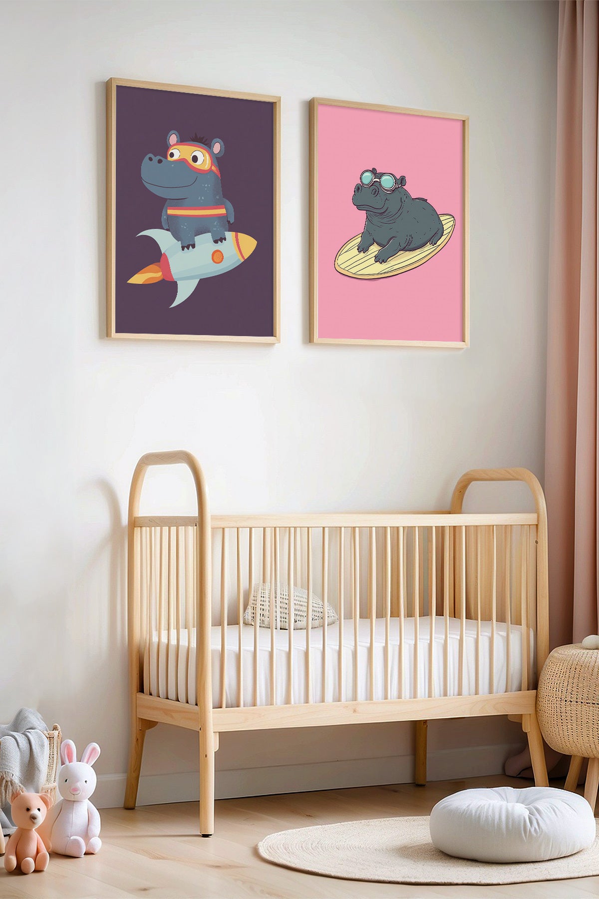2'li Minimalist Su Aygırı Çocuk Odası Ve Bebek Odası Ahşap Çerçeveli Duvar Tablosu