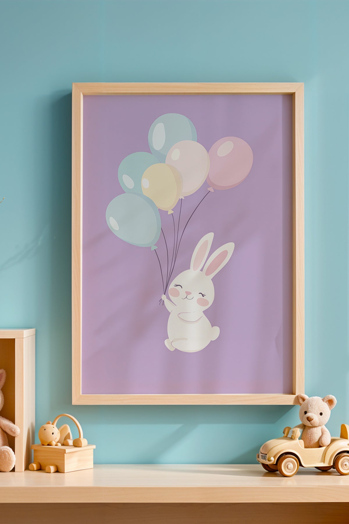 2'li Balon Tutan Tavşan Kalp Çizimleri Çocuk Odası Ahşap Çerçeveli Duvar Tablosu