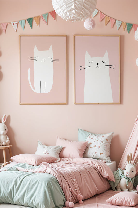 2'li Minimalist Çizim Kediler Bebek Odası Ve Çocuk Odası Ahşap Çerçeveli Duvar Tablosu