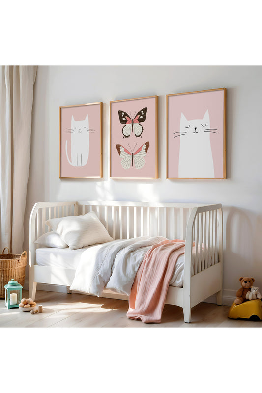 3'lü Kedi ve Kelebek Tasarımlı Doğal Ahşap Çerçeveli Çocuk Odası Tablo