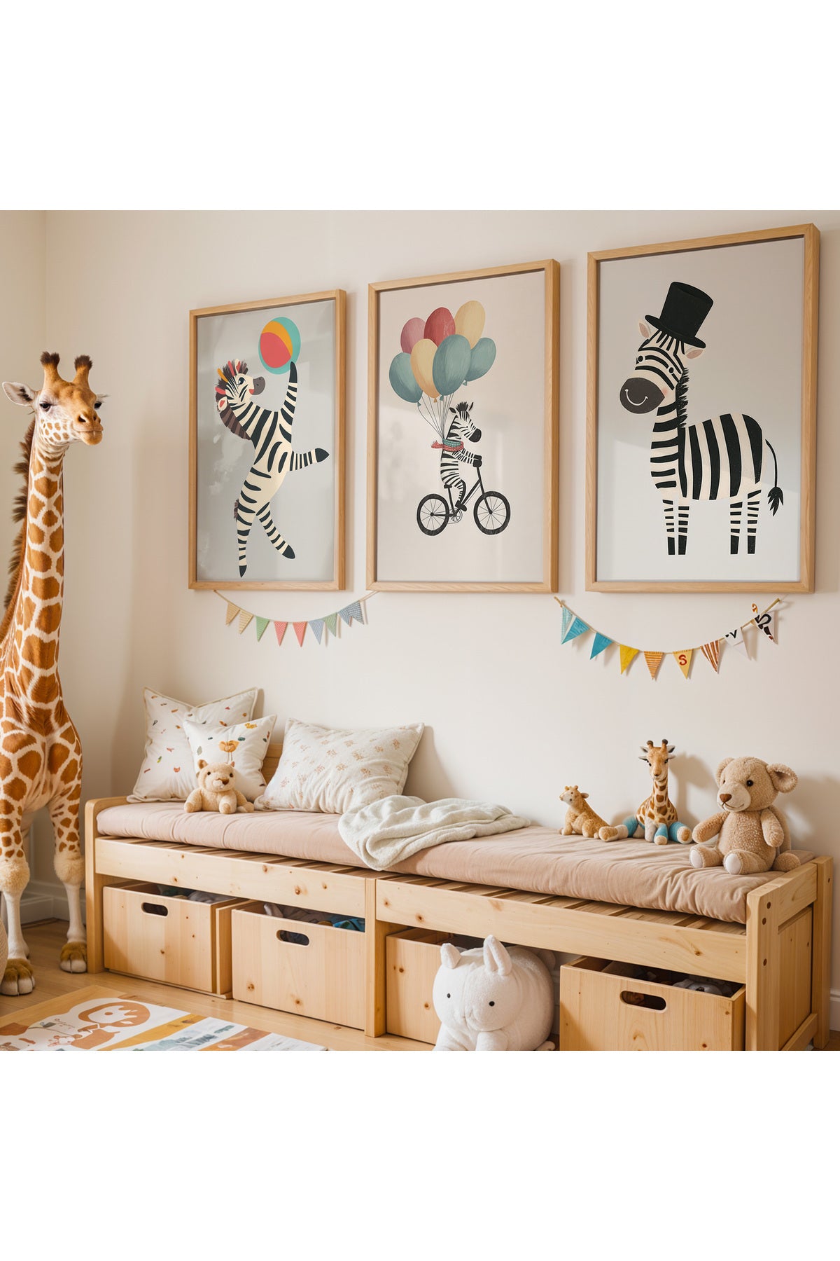 Eğlenceli Zebra Karakterleri Çocuk Odası Doğal Ahşap Çerçeveli Tablo Seti