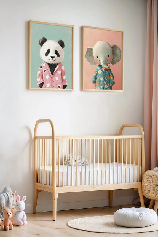 2'li Renkli Pijamalı Panda Ve Fil Çocuk Odası Ve Bebek Odası Ahşap Çerçeveli Duvar Tablosu