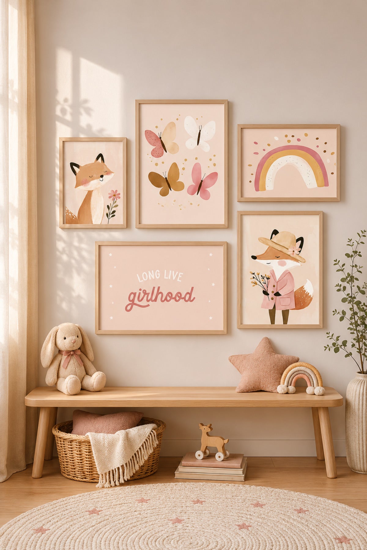 Kelebek ve Tilki Temalı Kız Bebek ve Çocuk Odası 5’li Çerçeveli Tablo Seti