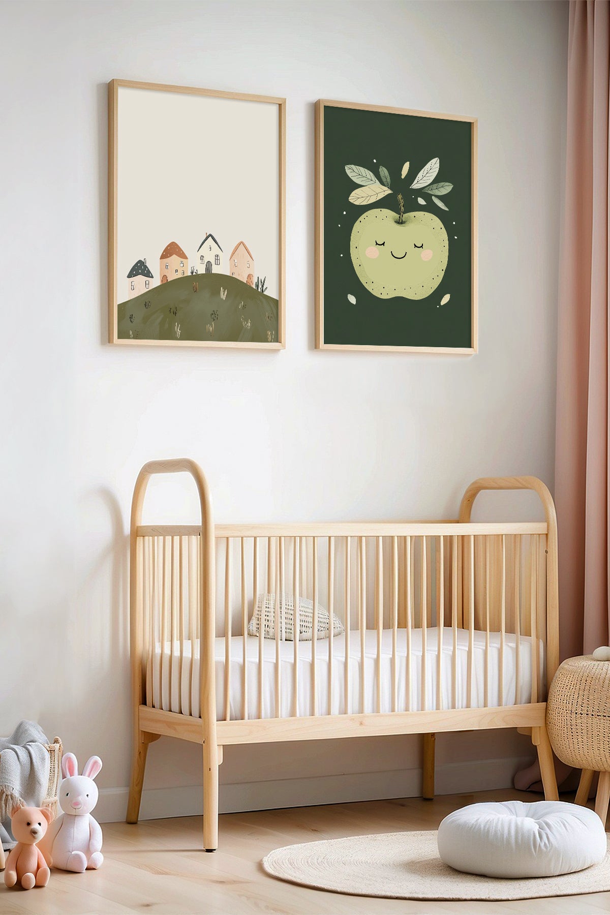 Yeşil Elma Ve Masalsı Ev Doğal Ahşap Çerçeveli Çocuk Odası ve Bebek Odası Tablosu