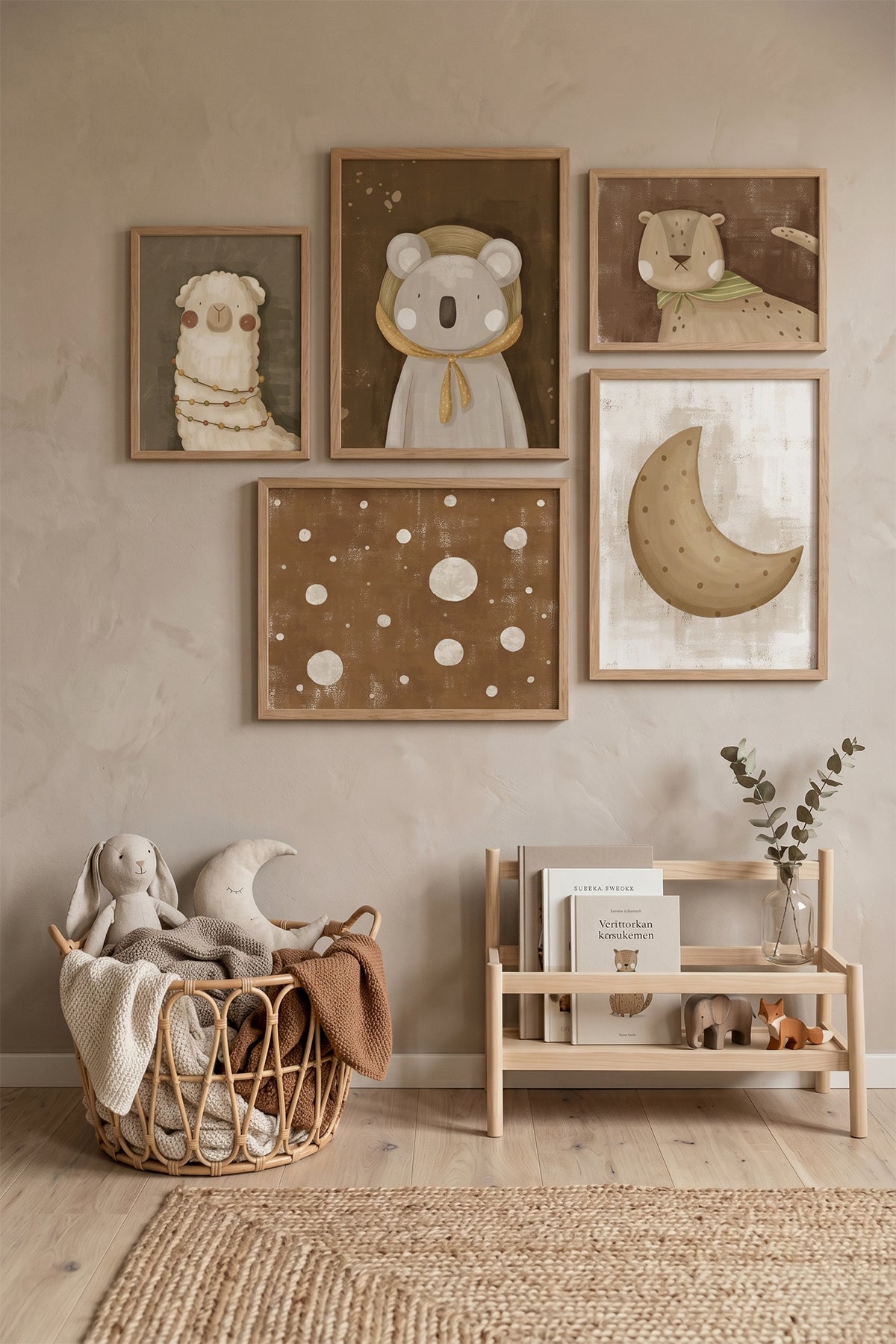 Vintage Nötr Koala ve Ayıcık Temalı Bebek ve Çocuk Odası 5’li Çerçeveli Tablo Seti